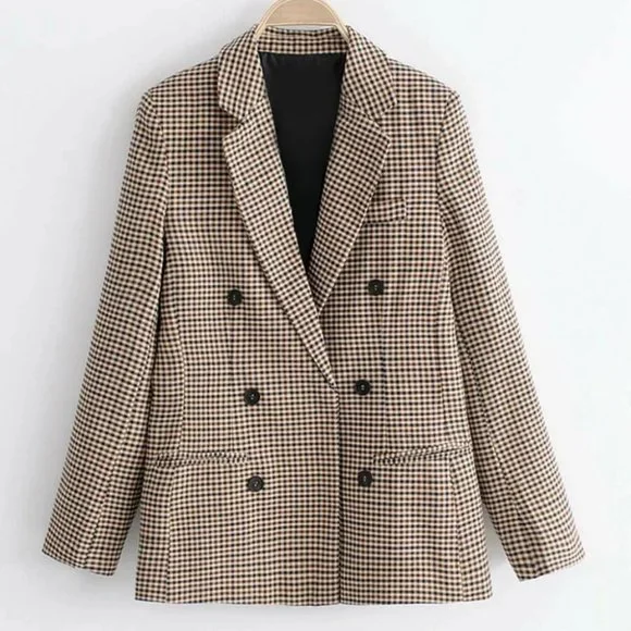 Plaid Print Double Breasted Lapel Collar Blazer work professional Business Chic - Picture 7 of 16